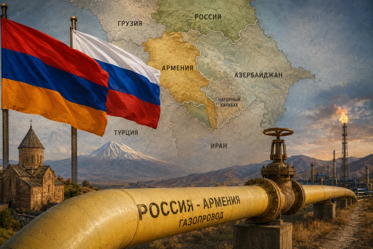 Коллаж: газопровод, флаги Армении и России, карта Южного Кавказа