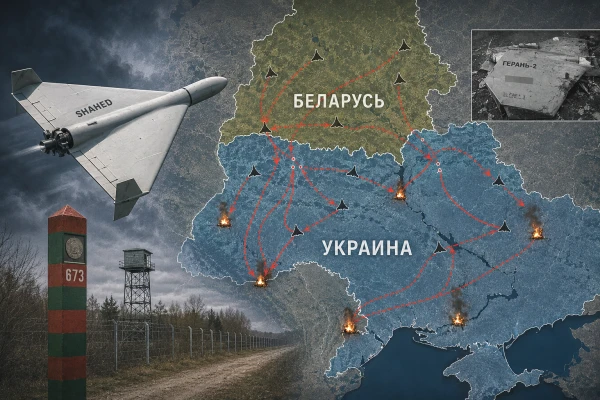 Шахед на фоне военной карты Беларуси и Украины