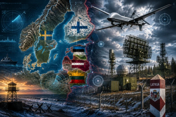 Карта Балтийского региона и военный беспилотник в небе
