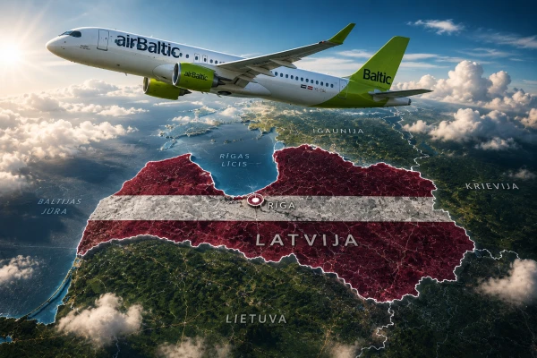 Самолет airBaltic на фоне Латвии