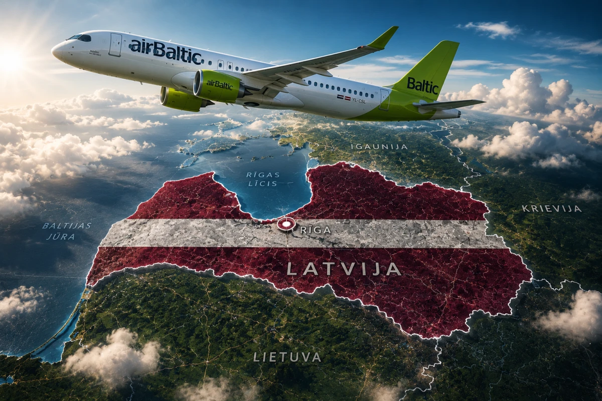 Самолет airBaltic на фоне Латвии