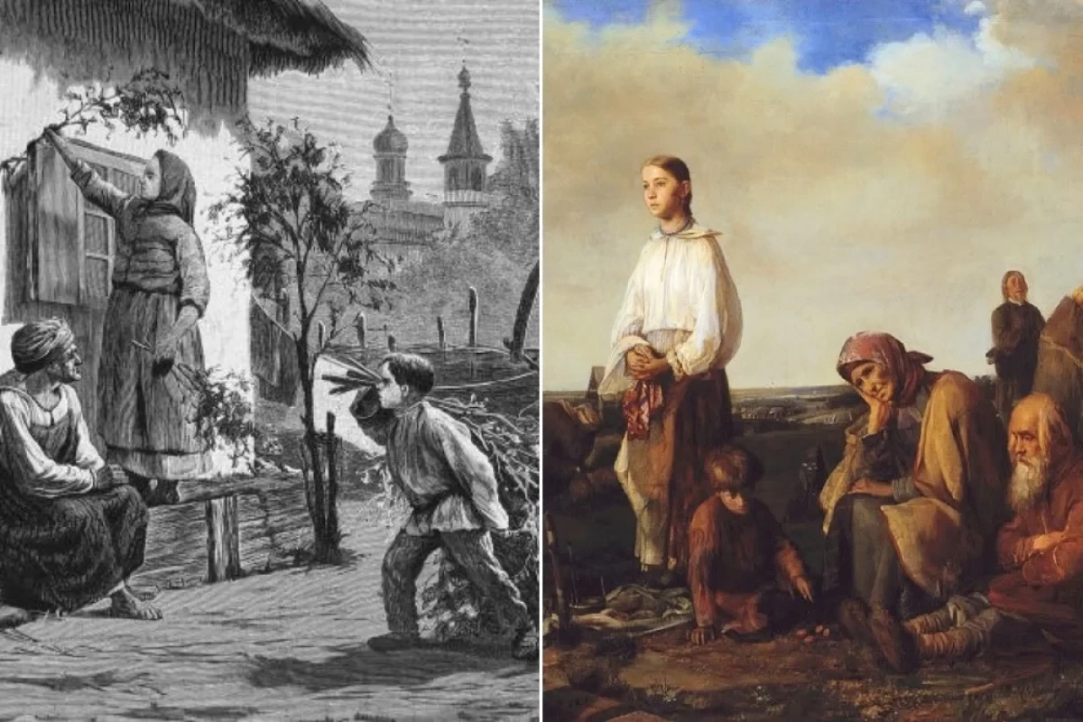 «Накануне Троицы». Гравюра Ю. Шюблера с картины И. Ижакевича. 1888 год; А. Корзухин, картина «Поминки на Деревенском Кладбище», 1865 год.