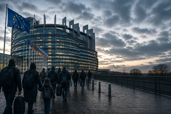 Здание Европарламента в Брюсселе, силуэты мигрантов
