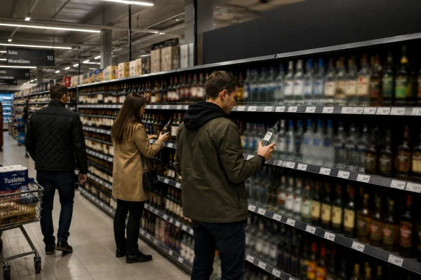 Покупатели в магазине у алкогольного отдела