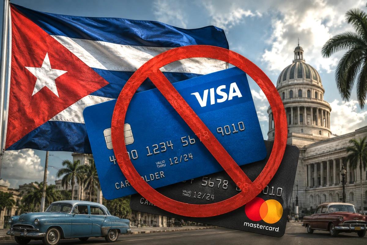 Банковские карты Visa и Mastercard, флаг Кубы и знак запрета