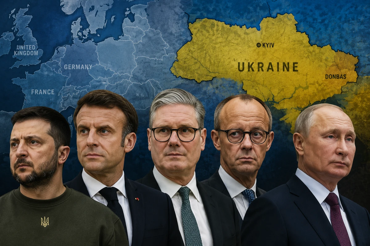 Зеленский, Макрон, Стармер, Мерц и Путин на фоне карт Европы и Украины.