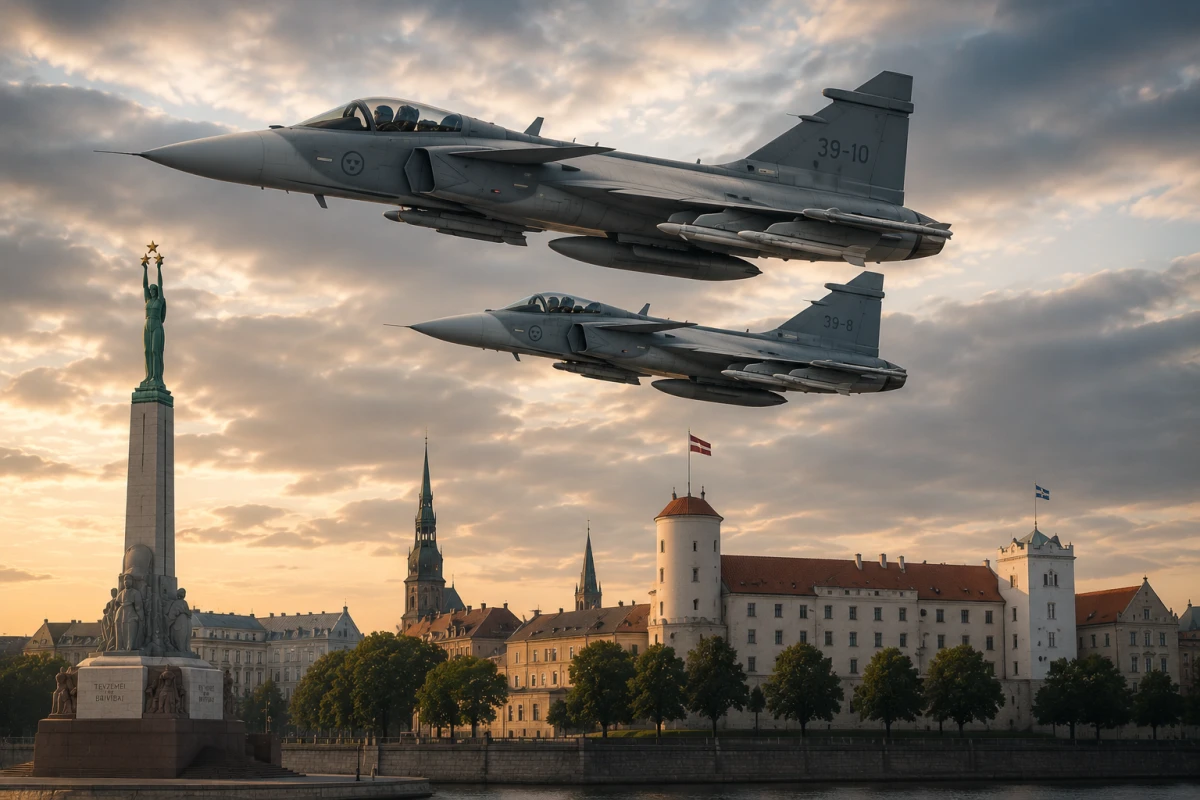 Два истребителя JAS 39 Gripen над силуэтом Риги с Памятником Свободы и Рижским замком.