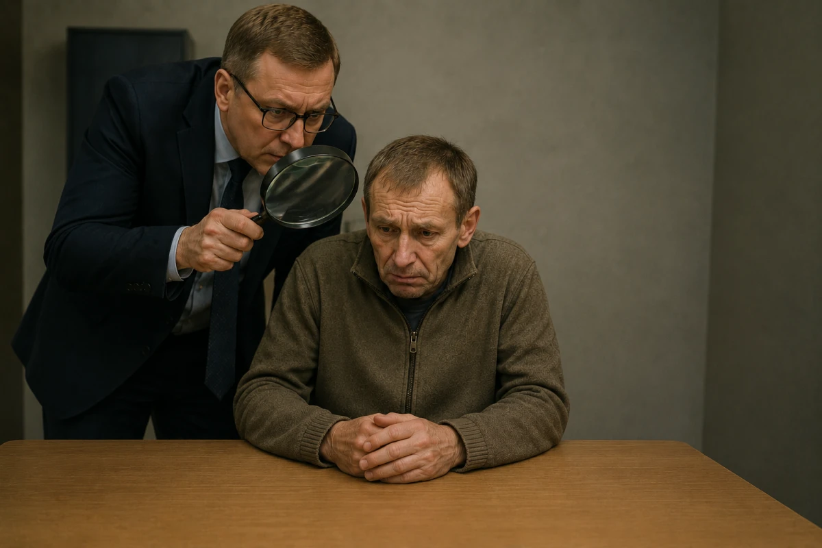 Чиновник смотрит на человека через лупу.