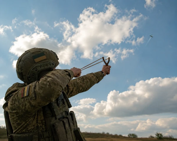 военный целится в небо из рогатки