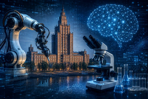 Роботизированная рука, микроскоп и цифровая нейросеть на фоне Академии наук Латвии