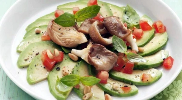 Avocado Carpaccio with Tomatoes and Oyster Mushrooms