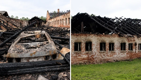 Сгоревшие в пожаре здание и машина