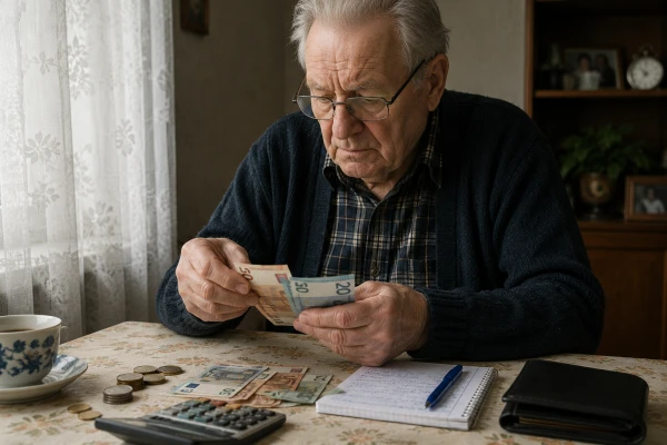 Пенсионер считает деньги у окна
