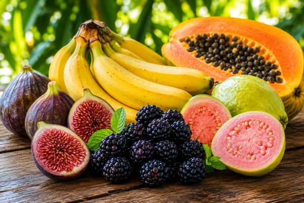 Фрукты, гуава, ежевика, бананы