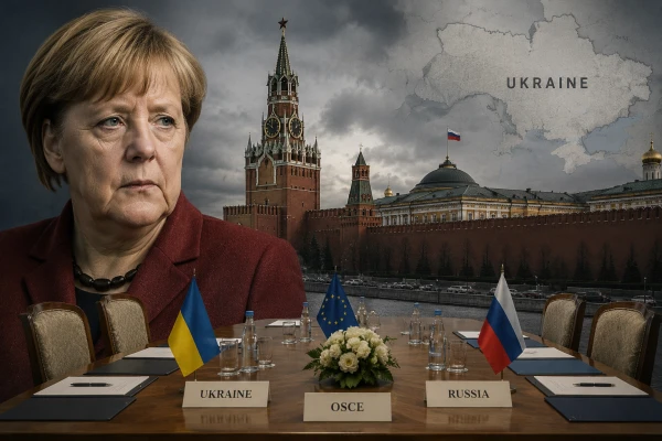 Коллаж: Меркель, Кремль и переговорный стол по Украине
